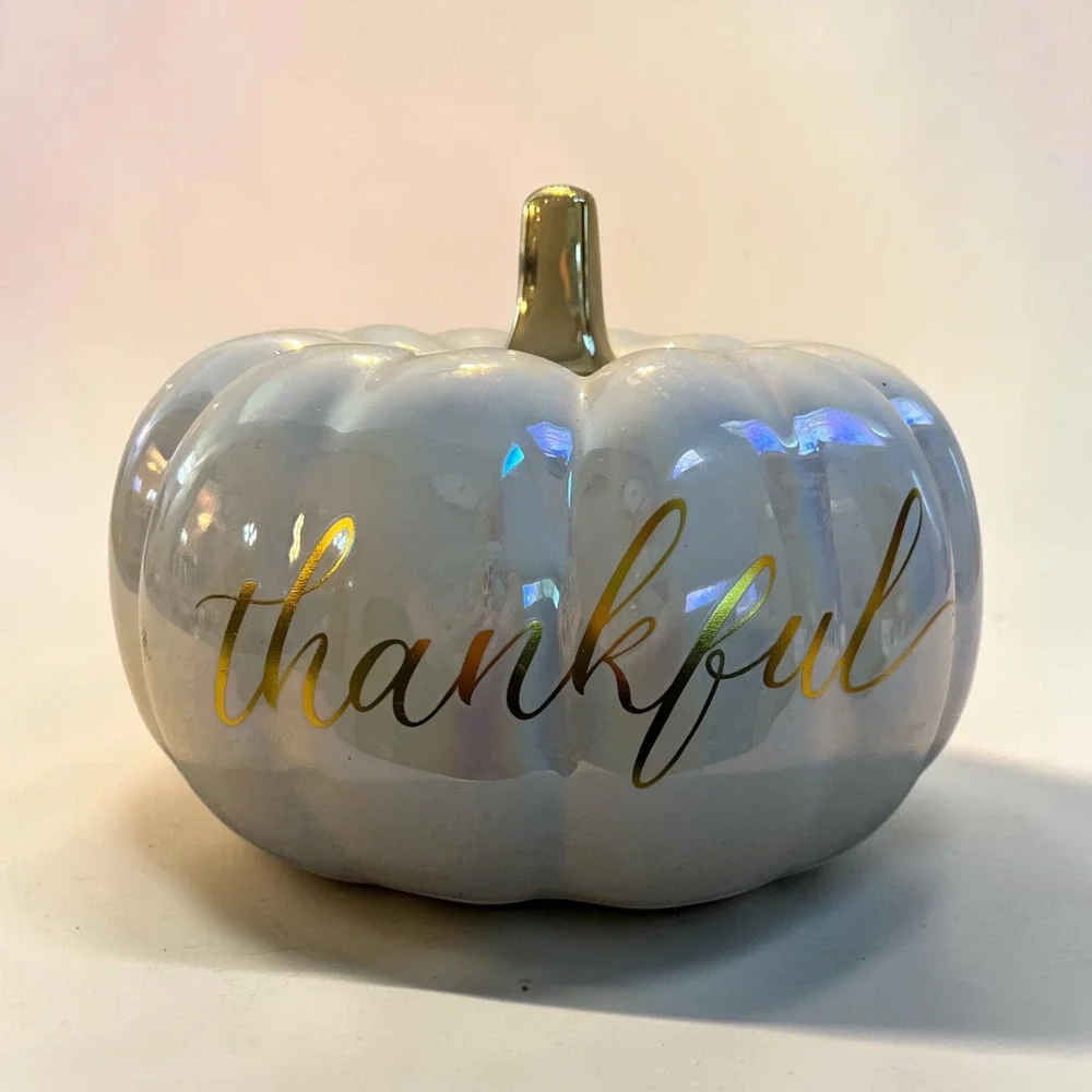 Iridescent‎ White Ceramic Thankful Pumpkin Gold Stem Fall Thanksgiving Decor 6in